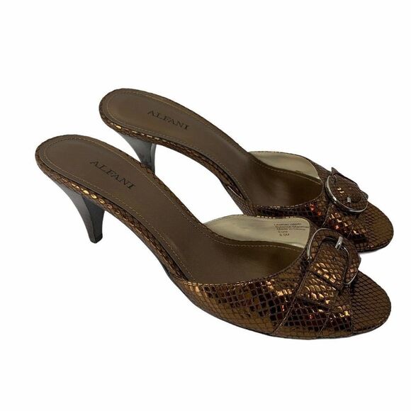 Bronze Metallic Open Toe Heeled Sandals Womens Size 8.5 Faux Snake Alfani Brand - Picture 2 of 8